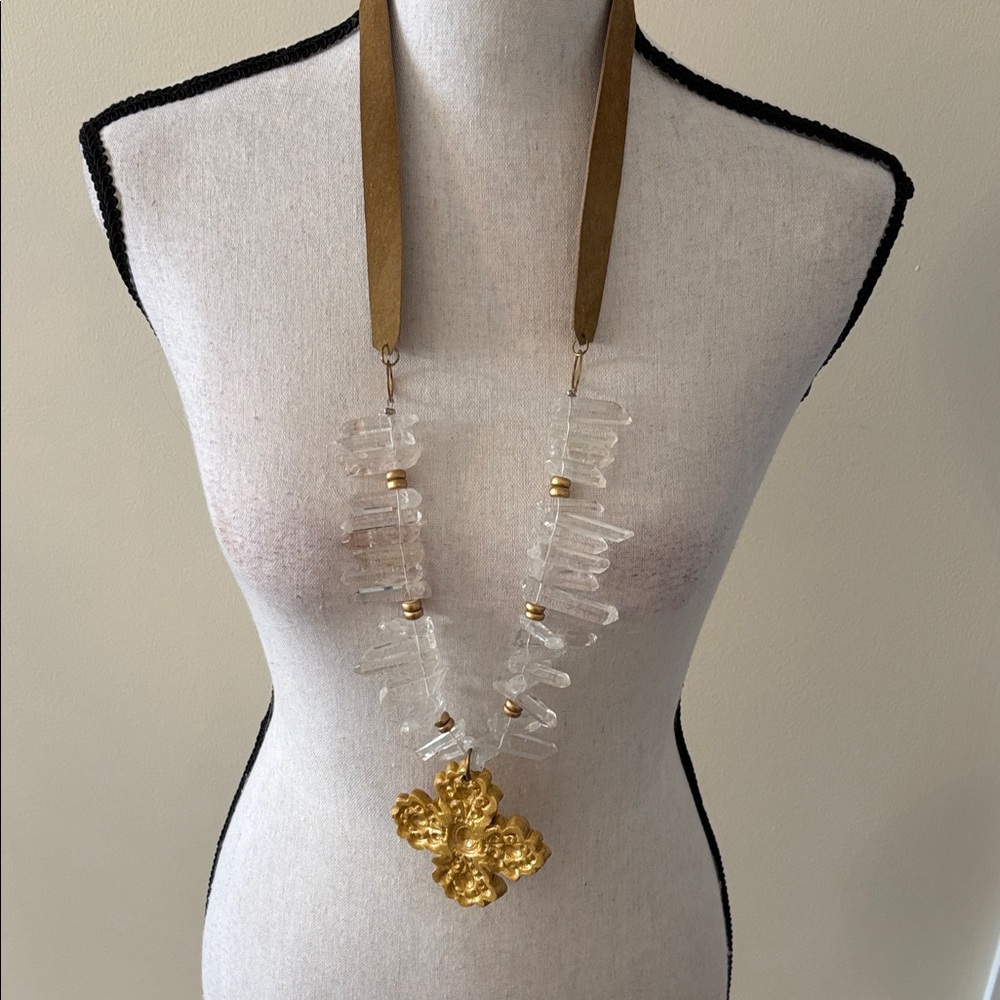 Gold Floral Pendant with Clear Crystal Beads Necklace